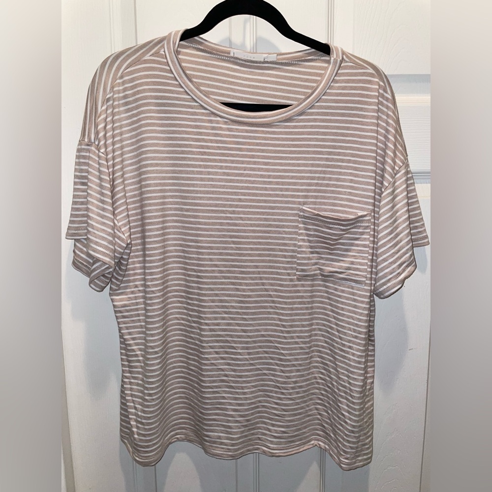 New LUSH Crew Neck Short Sleeve Pocket T-Shirt Plus Size 1X Taupe-white stripe